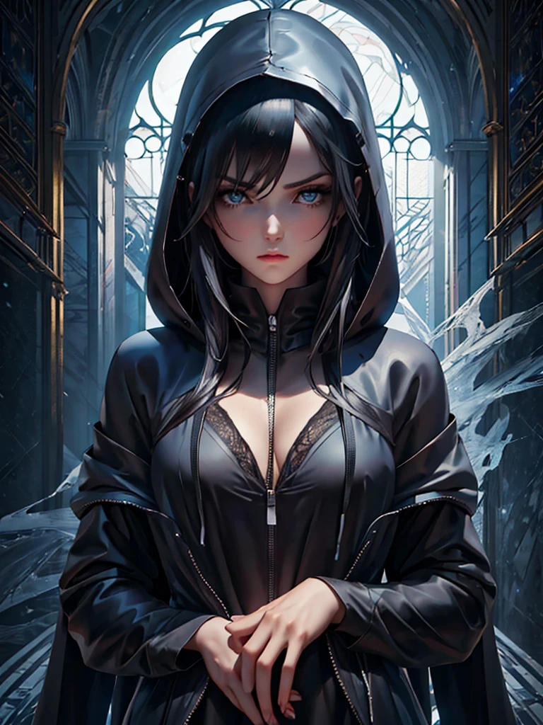 A melancholic beauty, her deep blue eyes shimmering under the moonlight, clad in a black open hoodie. This portrait captures a young woman with dark hair and a touch of sorrow in her gaze. The image is a vivid photograph that beautifully showcases her features. The subtle nuances in her expression, the way her eyes reflect the light, and the contrast of the dark clothing against her pale skin all contribute to the striking composition. The high resolution and attention to detail make this image truly captivating, drawing viewers into the emotional depth of the subject.