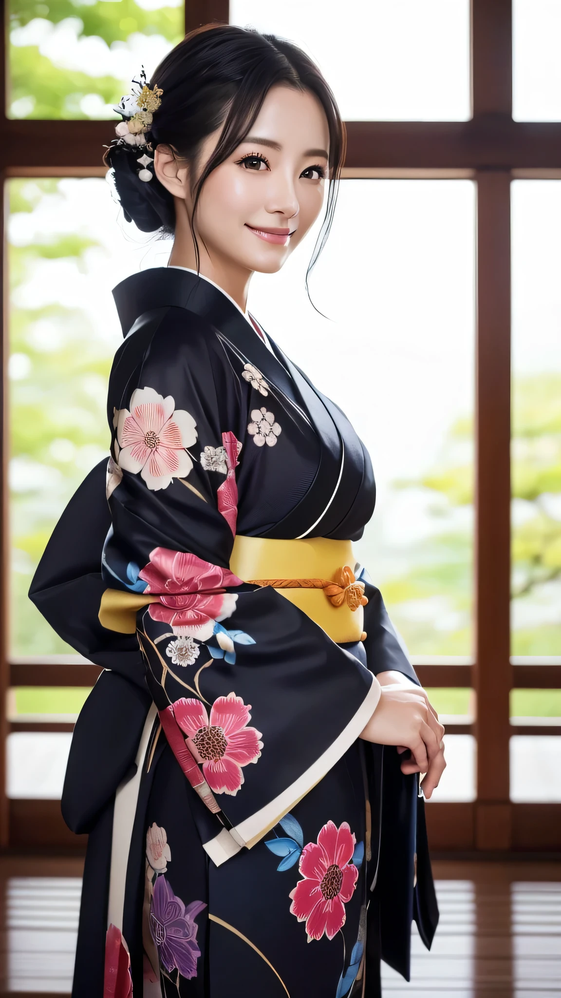 (Super beautiful woman in kimono)、((highest quality、8K masterpiece:1.3))、sharp focus:1.2、(super beautiful face:1.0)、(shiny skin:1.0)、realistic pictures、black hair、video lighting、High resolution eyes and face、video lighting、japanese actress、from the front、with a happy smile、whole body、wearing a kimono、in Kyoto、(luxury obi)、with a fan