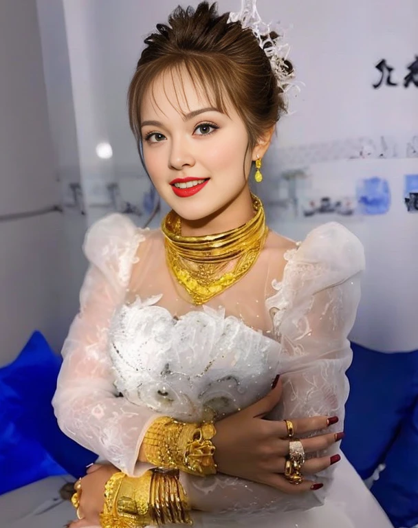 Close-up of woman wearing red dress and gold jewelry, traditional beauty, Wear gold jewelry, Vietnamese woman, gold and red, Niwan Chandra, Southeast Asia that has existed for a long time, traditional chinese, red and gold, Chinese woman, Southeast Asians with round faces, beautiful oriental woman, Sukhothai dress, asian woman