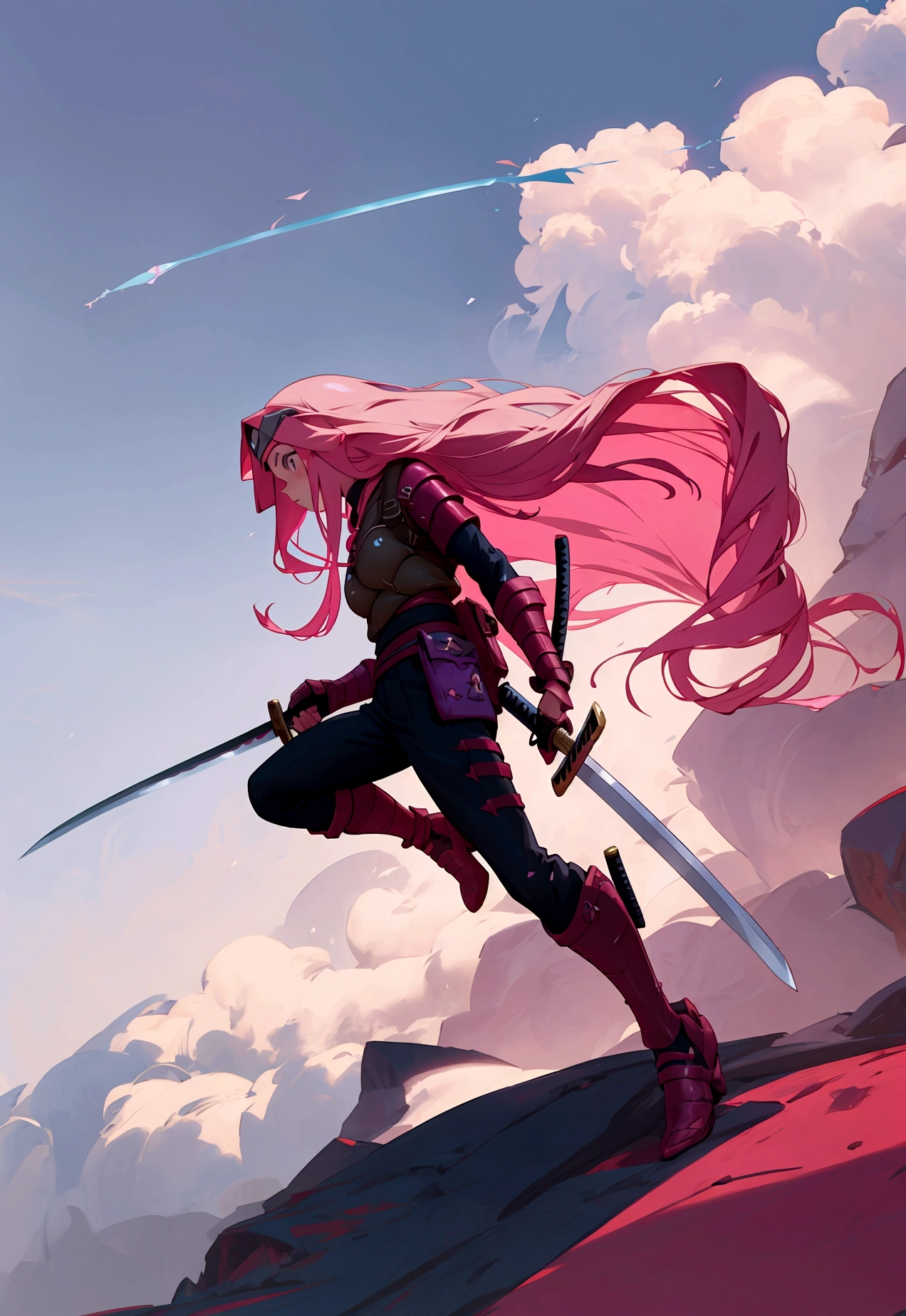 Fortnite and Ghibli style, girl with pink long hair, soilder, white clouthes, magic of beauty, full body, magic katana