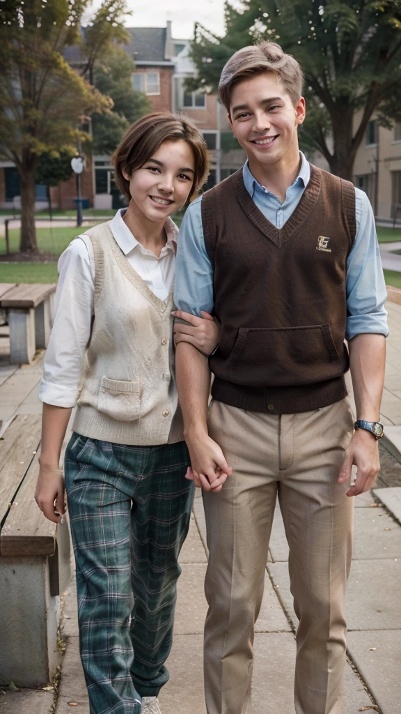 (Masterpiece, Best Quality, Photorealistic), (Shiny skin), (SG-friendly, 8K Wallpaper, High resolution), Adolescent Bliss, Schoolyard Intimacy, Physically-based rendering, Award-winning, Highly-detailed facial features, Realistic school environment, Canon EF 50mm f/1.2, (1 boy and 1 girl, a couple:1.5), Young High School Sweethearts, (Both with short hair, Boy: Brown hair, Girl: Blonde hair), Casual school uniforms, (Sweater vests, Checkered pants), Schoolyard Bench, (Laughter, Hand holding), Sun