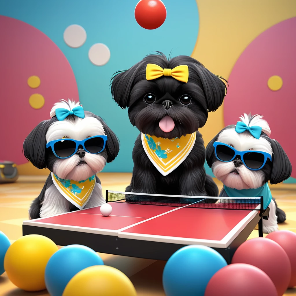 2 Adorable small black Shih Tzu puppies wearing bright bandannas and sunglasses swimming with dolphins Disney background 3d cartoon 3d render disney pixar style