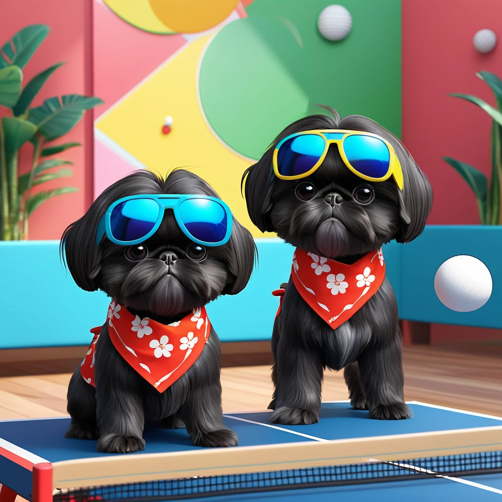 2 Adorable small black Shih Tzu puppies wearing bright bandannas and sunglasses swimming with dolphins Disney background 3d cartoon 3d render disney pixar style