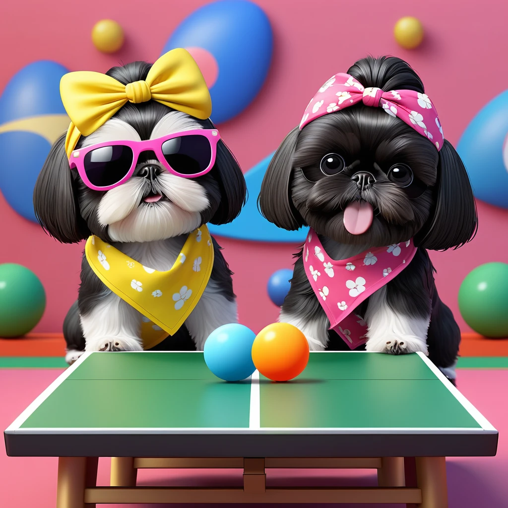 2 Adorable small black Shih Tzu puppies wearing bright bandannas and sunglasses playing ping pong Disney background 3d cartoon 3d render disney pixar style