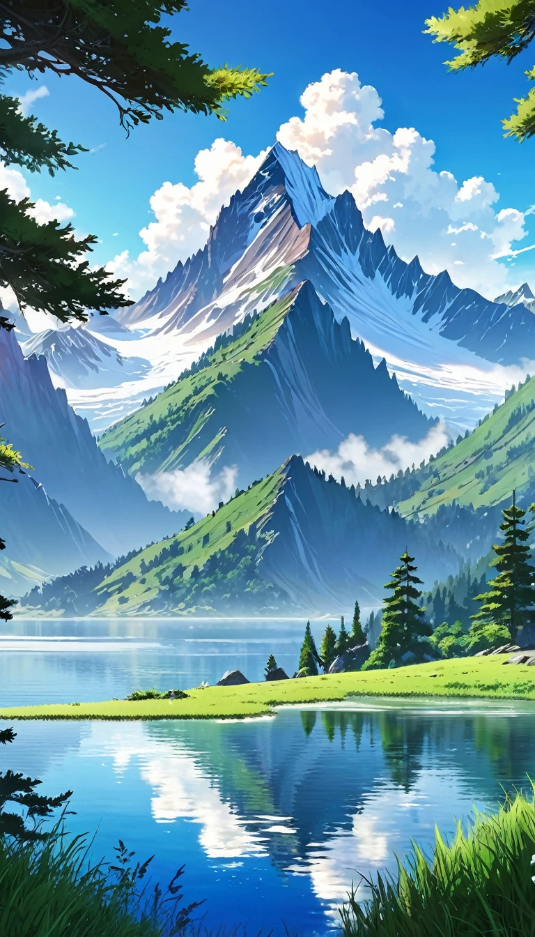 A stunning landscape featuring a serene mountain lake surrounded by lush greenery and towering snow-capped mountains. The lake's surface is crystal clear, reflecting the majestic mountains and fluffy clouds in the bright blue sky. In the foreground, small patches of grass and evergreen trees dot the landscape, adding depth and variety to the scene. The central focus is on the tall, jagged peak in the background, which dominates the skyline. The light source is natural sunlight, illuminating the entire scene with a soft, warm glow. The viewpoint is from the shore of the lake, looking out towards the mountains, capturing the tranquil and picturesque nature of this alpine setting.anime nature wallpaper, beautiful anime scenes, beautiful anime peace scenes, Makoto Shinkai Cyril Roland, beautiful anime scenes, amazing wallpaper, anime art wallpaper 8k, anime background, art anime backgrounds, anime 4k wallpaper, anime art 4k wallpaper, anime art 4k wallpaper