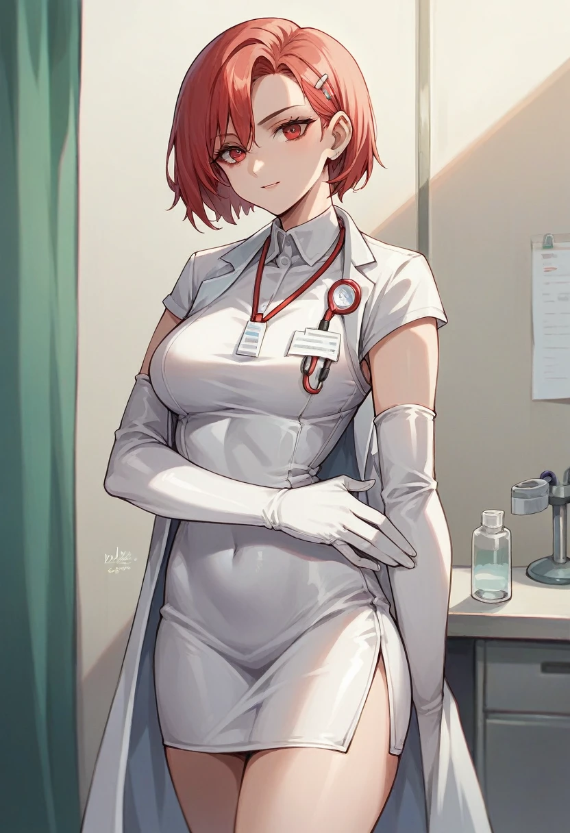 Mature nurse femboy, dimly lit, intensive care unit, white nurse's uniform, medical gloves, nurse's cap, short messy red hair covering one eye, leaning against medical equipment, legs crossed, big bulge, focused expression, 8K cinematic, sexy, revealing, closeup,high thigh stockings