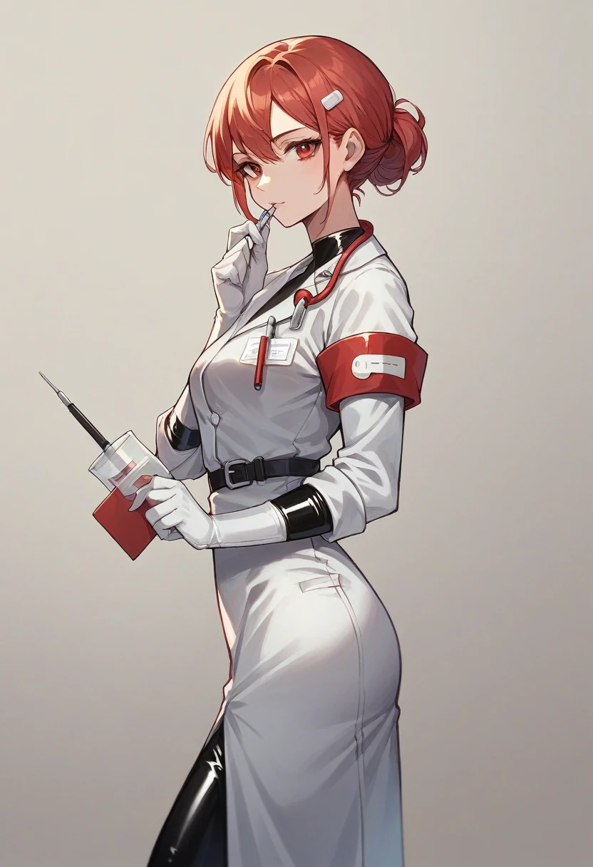 1girl, ((white elbow gloves)), ((surgical gloves)), ((latex gloves)), ((long sleeves)), ((red surgeon outfit)), looking at viewer, ((doctor)), standing, solo