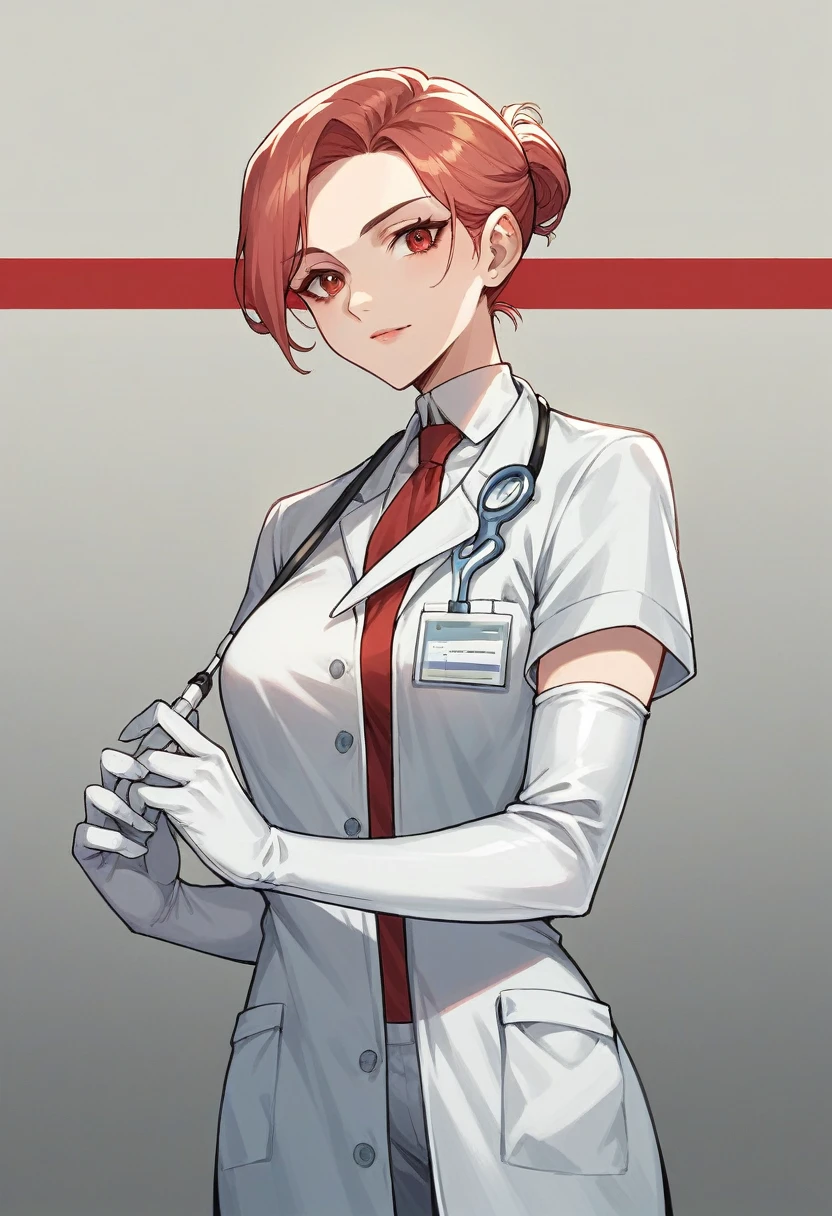 1girl, ((black elbow gloves)), ((surgical gloves)), ((latex gloves)), ((long sleeves)), ((red surgeon outfit)), ((red doctor outfit)), looking at viewer, standing, solo