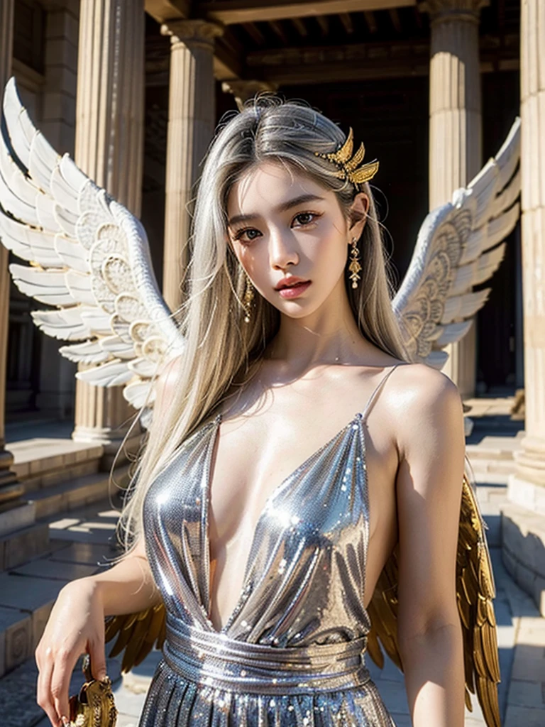 1girl, beautiful detailed eyes, beautiful detailed lips, extremely detailed eyes and face, long eyelashes, silver hair, pale skin, flawless skin, ornaments, ancient temple, dramatic lighting, ethereal, elegant, serene, vibrant colors, glowing skin, delicate features, intricate details, (best quality,8K,highres,masterpiece:1.2),ultra-detailed,(realistic,photorealistic,photo-realistic:1.37), Korean national costume, golden ornaments, ancient ruins, ancient creature, ((winged humanoid)), majestic, divine, mythical, fantasy, surreal