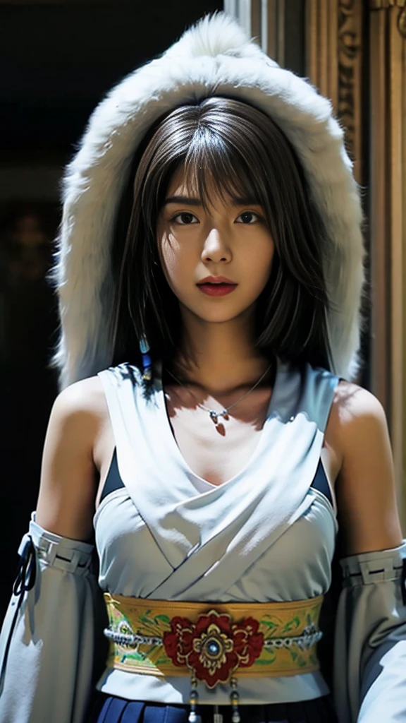 1 girl, alone, jewelry, removed sleeve, necklace, blue bead earrings, The skirt is also YunaFFX,
ultra high resolution, Upper body,photograph, photographrealistic, very detailed, detailed face, alone cute woman, royal palace,
medium breast star piece, high quality),looking at the viewer, gorgeous goddess, unusually long hair, very long hair, (rich:1.4), attractive髪を吹く, attractive, dream-like, royal cloak, ((thick bangs)),