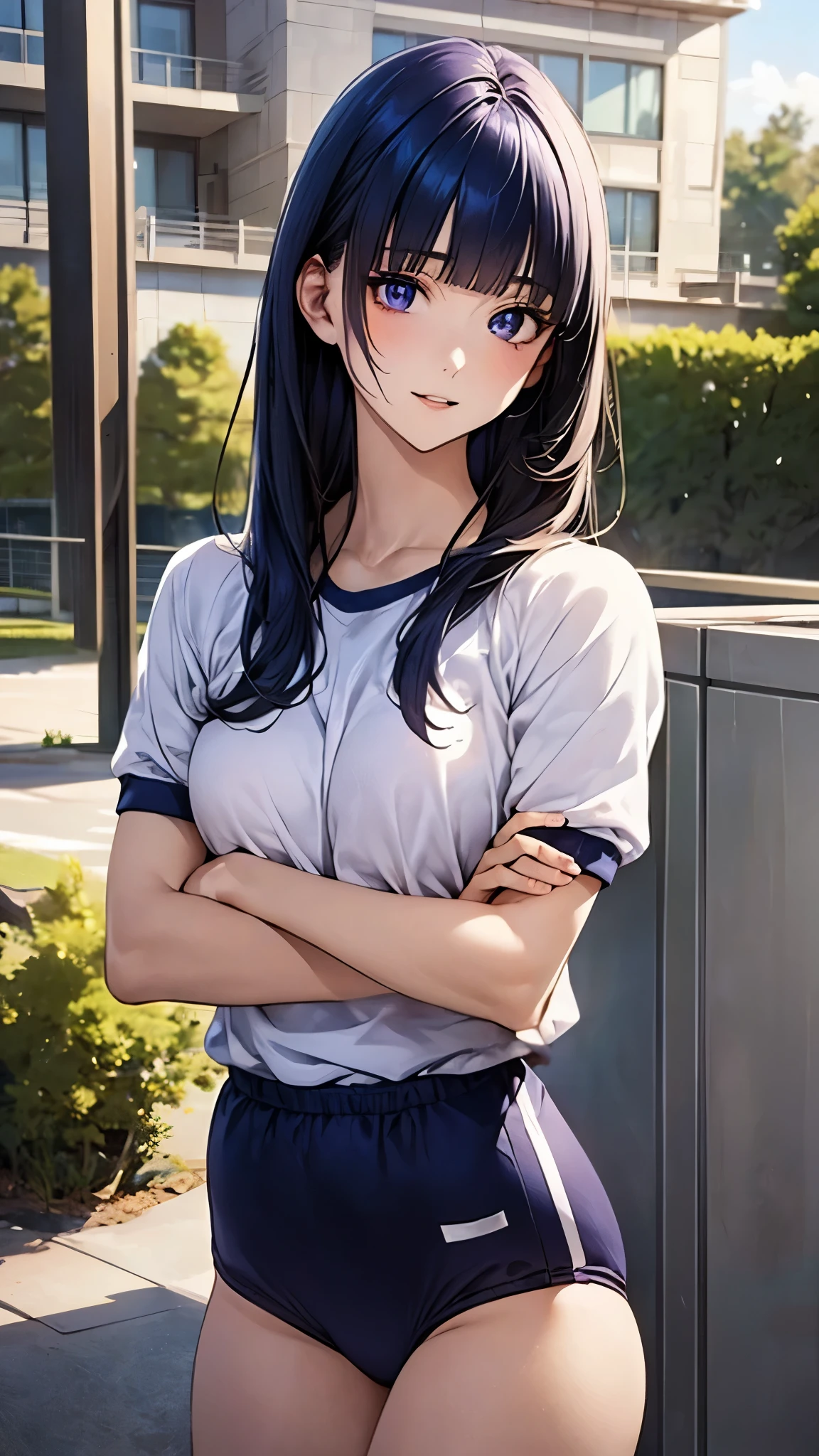 (masterpiece:1.2, top-quality), (realistic, photorealistic:1.4), beautiful illustration, (natural side lighting, movie lighting), nsfw, 
looking at viewer, 1 girl, japanese, high school girl, perfect face, cute and symmetrical face, shiny skin, 
(long hair:1.4, hime style, hime cut, navy blue hair), blunt bangs, purple eyes, big eyes, long eye lasher, (medium breasts, seductive thighs), slender, 
beautiful detailed hair, beautiful detailed face, beautiful detailed eyes, beautiful clavicle, beautiful body, beautiful chest, beautiful thigh, beautiful legs, beautiful fingers, 
(gym uniform, buruma), 
(beautiful scenery), evening, (outdoors, school grounds), standing, crossed arms, (lovely smile, upper eyes, parted lips),