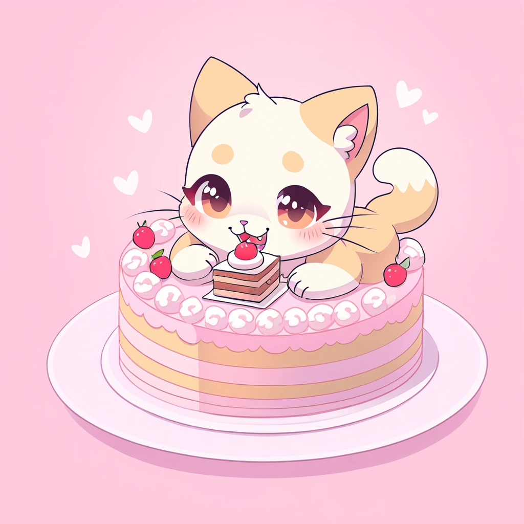 cat eating a cake in kawaii art style