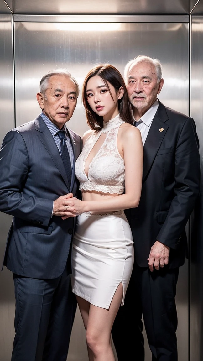 2boys, oldman, Photo of a young asian woman (sandwiched between two old guys), 1girl wearing crop business suit, thigh skirt , threesome, in a crowded elevator, detailed character design (masterpiece, photorealistic:1.2), high quality, intricate details, highly detailed background, 8k