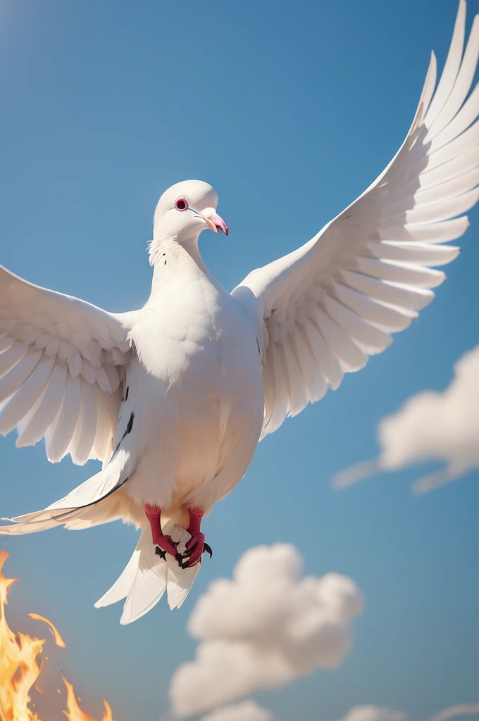 (um animal(white dove), (on fire), (num fundo branco).