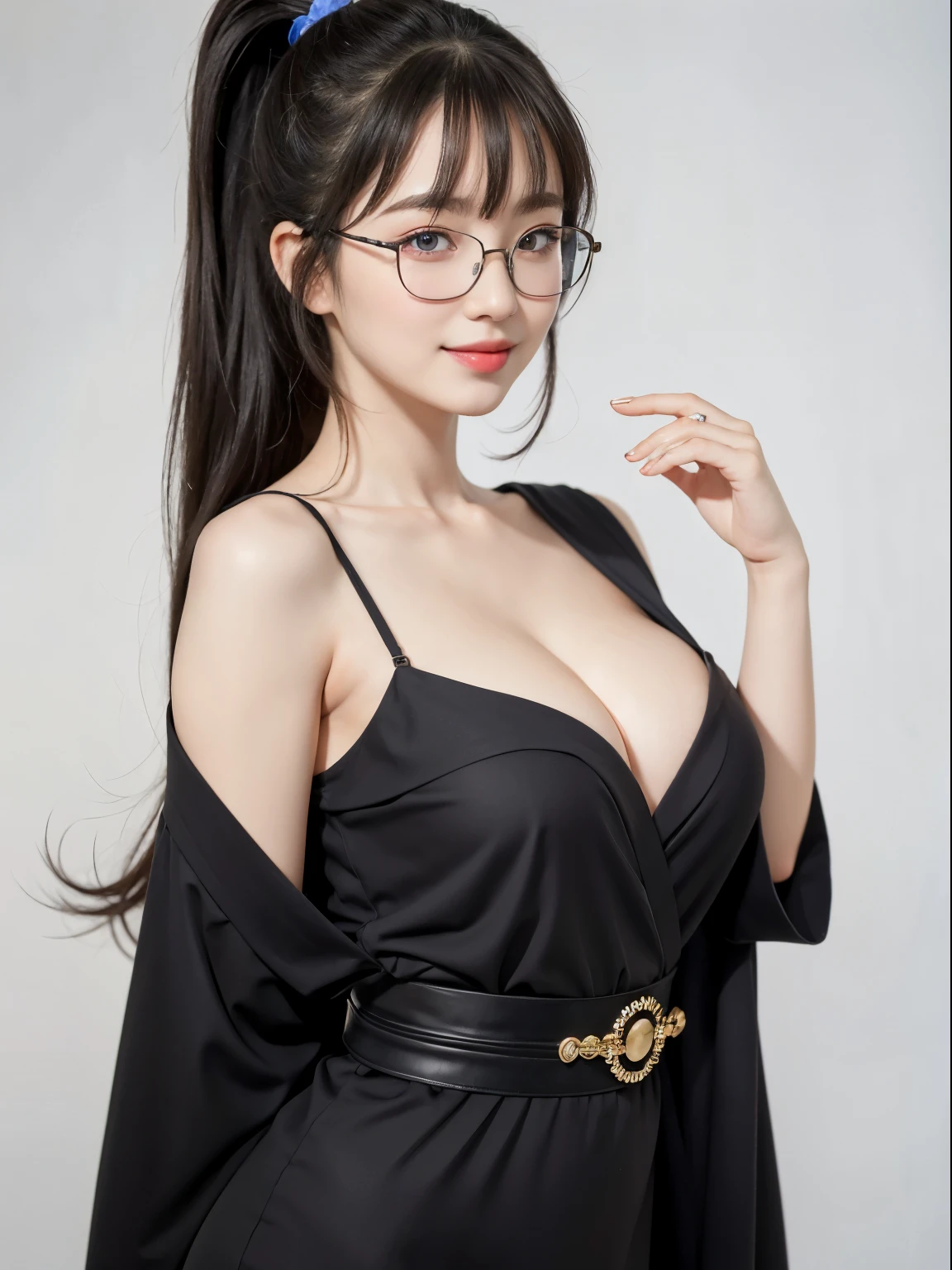 (Best quality, masterpiece, detailed), (RAW, 4k, hd images), 1 girl, , white skin, long hair, ponytail, layers hair, bangs, black hair, beautiful girl, cute girl, sweet girl, pretty girl, perfect girl, perfect body, pretty eyes, blue eyes, thin lips, (eye line, lip soft), perfect round breast, glasses(detailed frame), simple background, smile, waist, hips, kimono, half body, modeling pose, free style pose, random angle capture, cleavage, do guts pose