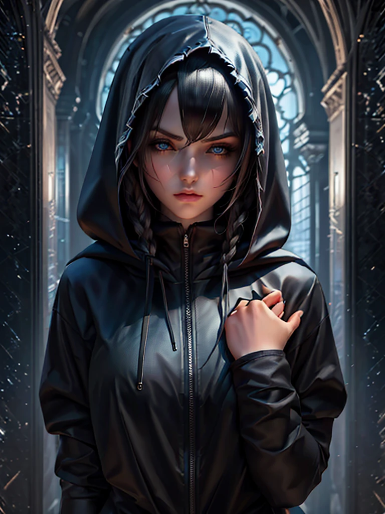 A melancholic beauty, her deep blue eyes shimmering under the moonlight, clad in a black open hoodie. This portrait captures a young woman with dark hair and a touch of sorrow in her gaze. The image is a vivid photograph that beautifully showcases her features. The subtle nuances in her expression, the way her eyes reflect the light, and the contrast of the dark clothing against her pale skin all contribute to the striking composition. The high resolution and attention to detail make this image truly captivating, drawing viewers into the emotional depth of the subject.