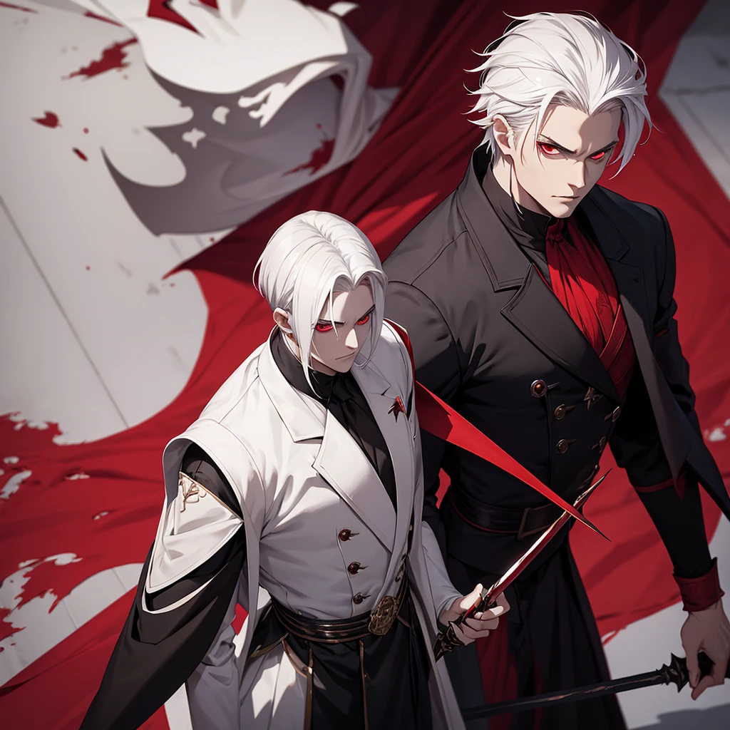 Tall male vampire, short white hair, red eyes and a serious face wearing dark royalty clothes and holding a shadow rapier