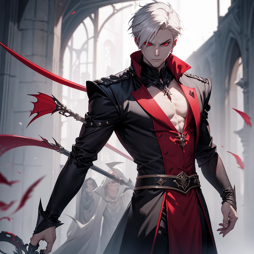 Tall male vampire, short white hair, red eyes and a serious face wearing dark royalty clothes and holding a shadow rapier