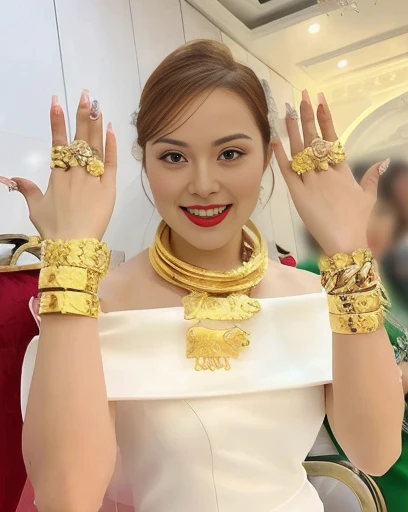 Close-up of woman wearing red dress and gold jewelry, traditional beauty, Wear gold jewelry, Vietnamese woman, gold and red, Niwan Chandra, Southeast Asia that has existed for a long time, traditional chinese, red and gold, Chinese woman, Southeast Asians with round faces, beautiful oriental woman, Sukhothai dress, asian woman