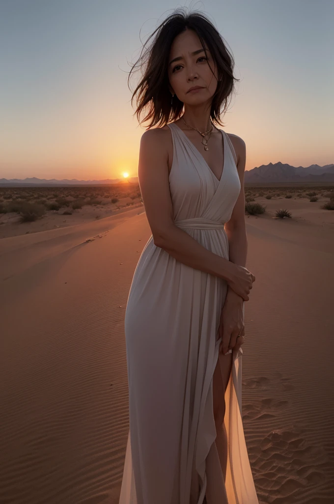 mature woman, new, with shoulder-length hair, tired look, with a sunset in the background, in a desert setting