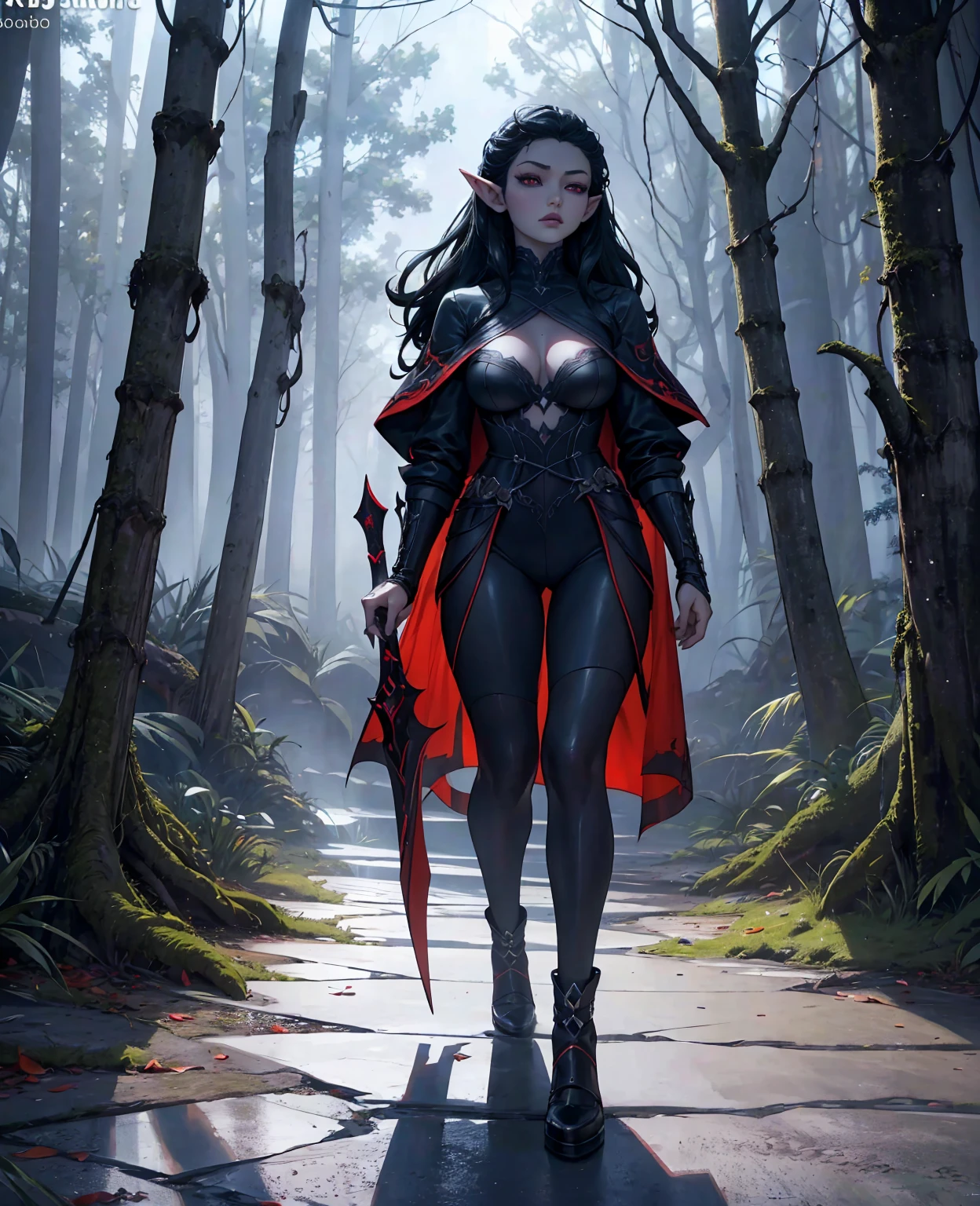 A beautiful devilish woman with black hair, pale skin, and intense red eyes, wearing an elf-like costume, standing in a dark and mysterious setting, (best quality,4k,8k,highres,masterpiece:1.2),ultra-detailed,(realistic,photorealistic,photo-realistic:1.37),intricate details,dramatic lighting,cinematic composition,dark fantasy,chiaroscuro,dramatic shadows,moody atmosphere,(1girl)