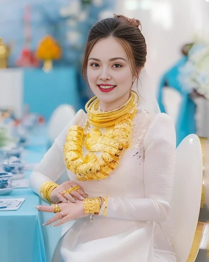 Close-up of woman wearing red dress and gold jewelry, traditional beauty, Wear gold jewelry, Vietnamese woman, gold and red, Niwan Chandra, Southeast Asia that has existed for a long time, traditional chinese, red and gold, Chinese woman, Southeast Asians with round faces, beautiful oriental woman, Sukhothai dress, asian woman