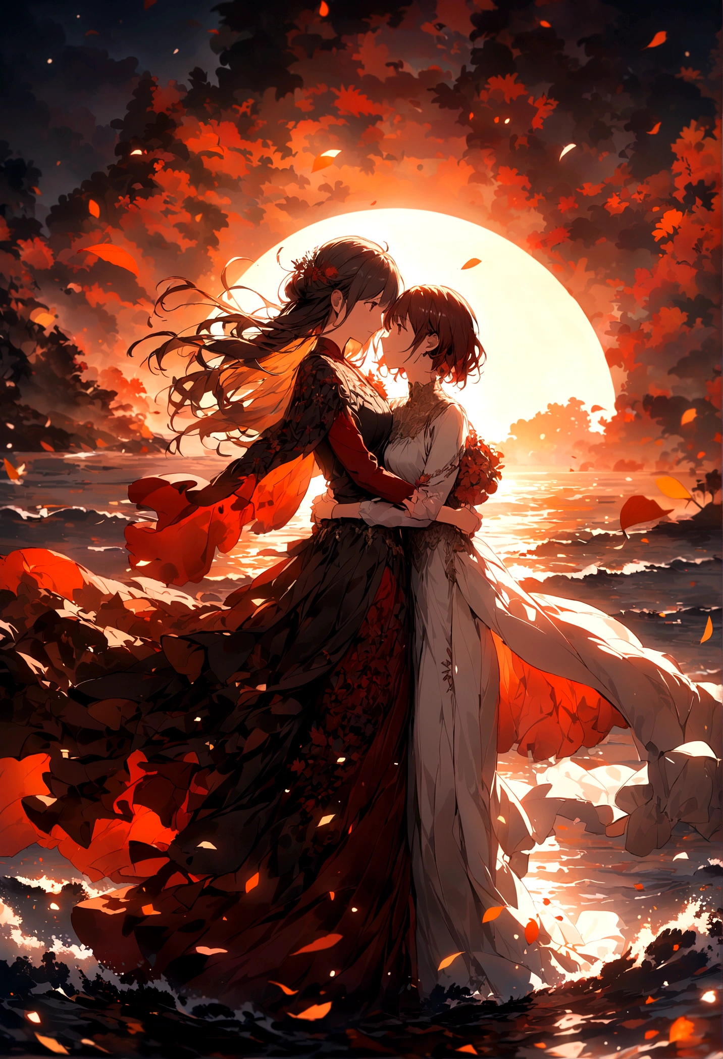 wallpaper,masterpiece,Best quality,Stills,Two women hugging,Full Moon,Autumnal,seaside