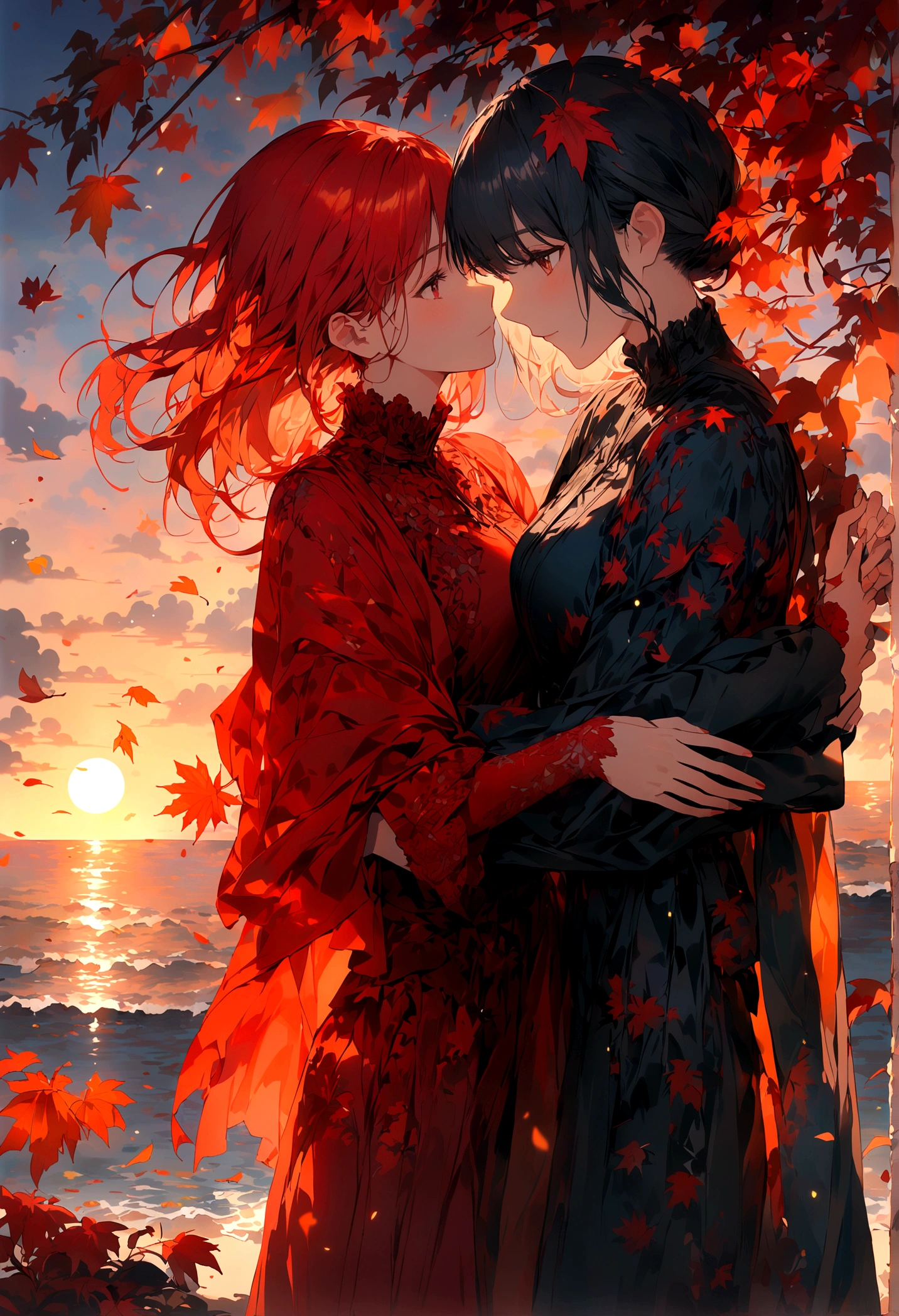 wallpaper,masterpiece,Best quality,Stills,Two women hugging,Full Moon,Autumnal,seaside