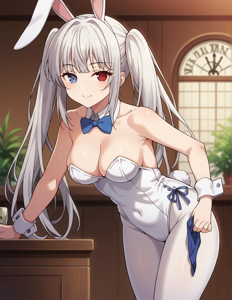 1girl, solo, long hair, big breasts, looking at viewer, smile, bangs, clock blue eyes, red eyes, dancing, removing clothes, brassiere, bow, animal ears, cleavage, bare shoulders, twintails, medium breasts, very long hair, closed mouth, tail, white hair, pantyhose, sidelocks, indoors, bowtie, rabbit ears, blurry, leotard, removing leotard, cup, wrist cuffs, bare arms, strapless, covered navel, leaning forward, detached collar, fake animal ears, heterochromia, blue bow, playboy bunny, rabbit tail, strapless leotard, white pantyhose, white leotard, removing leotard, breasts, brassiere, leotard in the hand