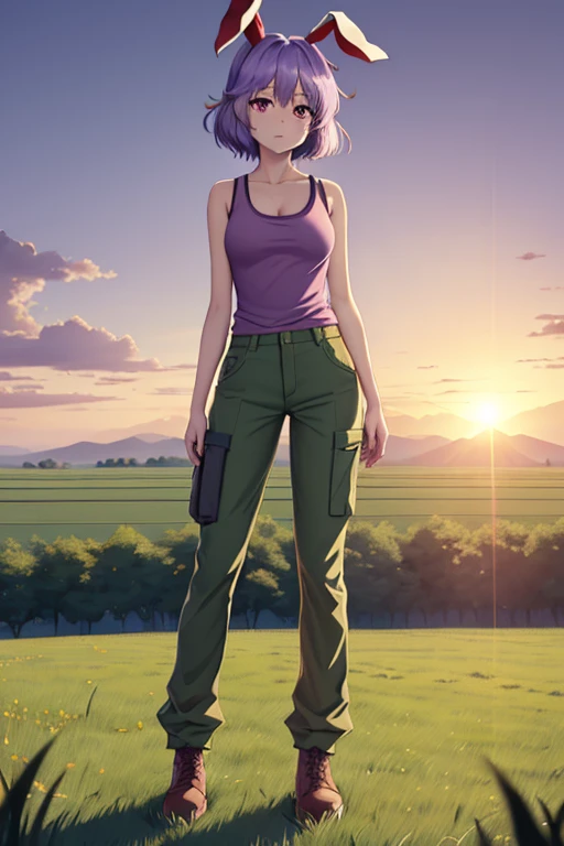 1girl (distant), Touhou, Reisen Inaba, short hair, light purple hair clolor, red eyes color, female tank top (dirty), tactical pants (military green), Plantation fields, standing (In middle of the fields), (wide shot, wider shot), full body, distant shot, sun light