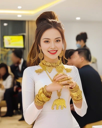 Close-up of woman wearing red dress and gold jewelry, traditional beauty, Wear gold jewelry, Vietnamese woman, gold and red, Niwan Chandra, Southeast Asia that has existed for a long time, traditional chinese, red and gold, Chinese woman, Southeast Asians with round faces, beautiful oriental woman, Sukhothai dress, asian woman