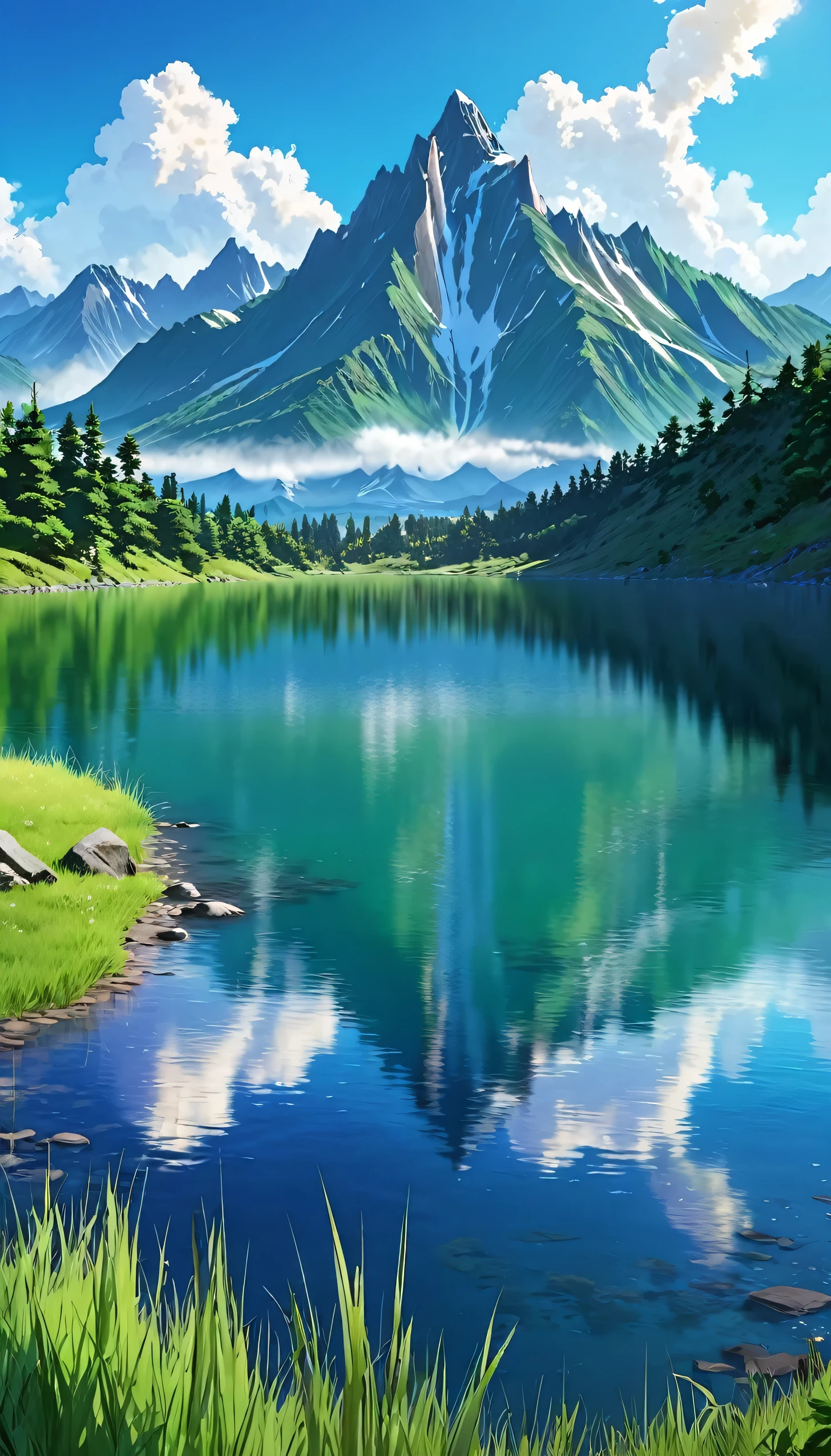 A stunning landscape featuring a serene mountain lake surrounded by lush greenery and towering snow-capped mountains. The lake's surface is crystal clear, reflecting the majestic mountains and fluffy clouds in the bright blue sky. In the foreground, small patches of grass and evergreen trees dot the landscape, adding depth and variety to the scene. The central focus is on the tall, jagged peak in the background, which dominates the skyline. The light source is natural sunlight, illuminating the entire scene with a soft, warm glow. The viewpoint is from the shore of the lake, looking out towards the mountains, capturing the tranquil and picturesque nature of this alpine setting.anime nature wallpaper, beautiful anime scenes, beautiful anime peace scenes, Makoto Shinkai Cyril Roland, beautiful anime scenes, amazing wallpaper, anime art wallpaper 8k, anime background, art anime backgrounds, anime 4k wallpaper, anime art 4k wallpaper, anime art 4k wallpaper