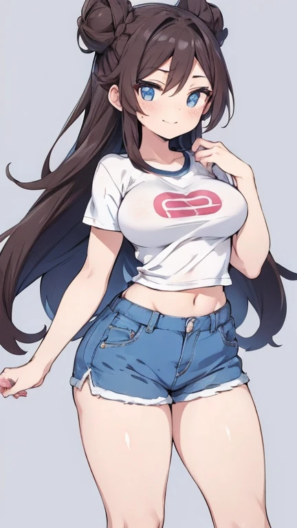 Create an anime-style female Pokémon character. she has fair skin, blue eyes and her hair is dark brown and styled in two large buns on each side of her head.. She is dressed in a tight white t-shirt with light blue sleeves.., with emblem on the chest and yellow shorts. The character wears white sneakers and is standing. Your body is well developed, Your breasts are full, Her waist is slender, your hips are wide and your thighs are thick. Your hands and feet are small. She has a beautiful smile.