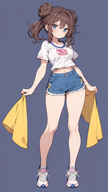 Create an anime-style female Pokémon character. she has fair skin, blue eyes and her hair is dark brown and styled in two large buns on each side of her head.. She is dressed in a tight white t-shirt with light blue sleeves.., with emblem on the chest and yellow shorts. The character wears white sneakers and is standing. Your body is well developed, Your breasts are full, Her waist is slender, your hips are wide and your thighs are thick. Your hands and feet are small. She has a beautiful smile.
