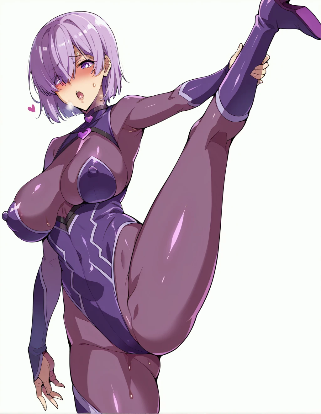 Ultra-detailed illustrations、Ultra-precise expression、masterpiece、Highest quality、ultra High resolution、High resolution、Hiromitsu Takeda Style、White background、Simple Background、One girl、solo、Mash Kyrielight、light purple hair,short hair,hair over one eyes、Rider Suit、purple heel boots、Purple eyes、Open your mouth、blush、Large Breasts、Big Breasts、Erect nipples、Choker of Hearts、White Breath、Sweat、Glowing Skin、shiny skin、Front angle、View your viewers、Raise one leg、