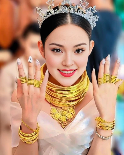 Close-up of woman wearing red dress and gold jewelry, traditional beauty, Wear gold jewelry, Vietnamese woman, gold and red, Niwan Chandra, Southeast Asia that has existed for a long time, traditional chinese, red and gold, Chinese woman, Southeast Asians with round faces, beautiful oriental woman, Sukhothai dress, asian woman