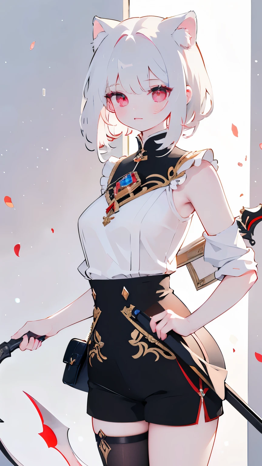 Tsundere 18 year old girl, Beautiful and delicate eyes, beautiful lips, Eyes and faces rich in detail, long eyelashes, 1girl, white cat ears, leg long bag, face, Red-eye, (top quality, 4K, 8K, high resolution, masterpiece:1.2), Ultra-detailed, (realistic, realistic, realistic, realistic, realistic: 1.37), very large breasts, Scythe, elegant, fantasy, soft lighting, white background, holding a weapon,Death's Scythe, show your armpits,red eyes, Dolphin shorts