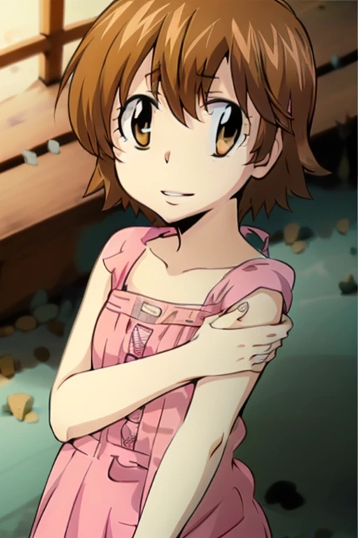 kyoko1, short hair, brown hair, pink striped dress, brown eyes, Masterpece, look at the views,