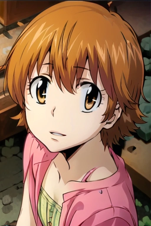 kyoko1, short hair, brown hair, pink striped dress, brown eyes, Masterpece, look at the views,