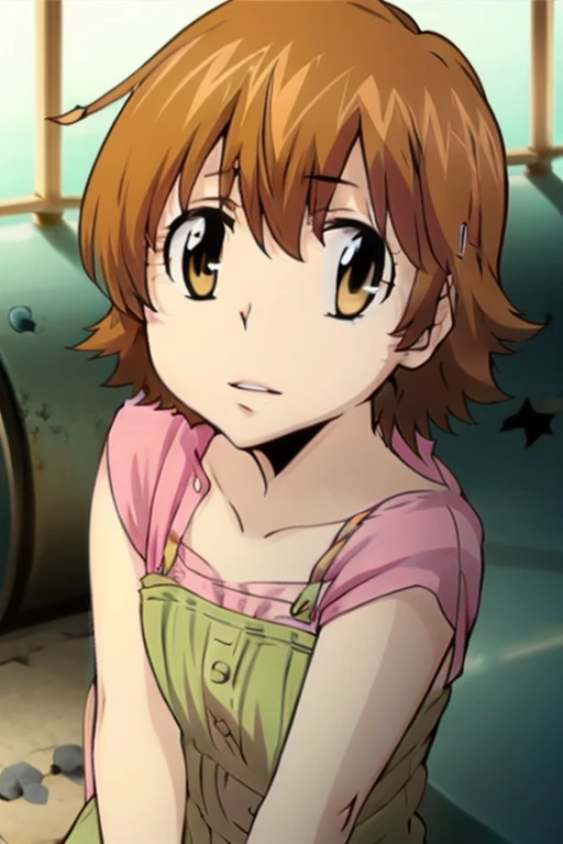 kyoko1, short hair, brown hair, pink striped dress, brown eyes, Masterpece, look at the views,