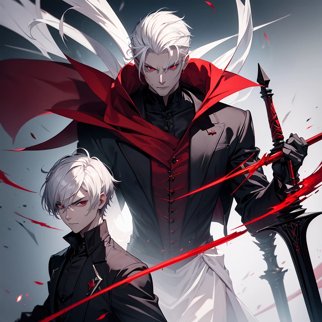 Male vampire with a short white hair, red eyes and a serious face wearing a dark royalty clothes and holding a shadow rapier