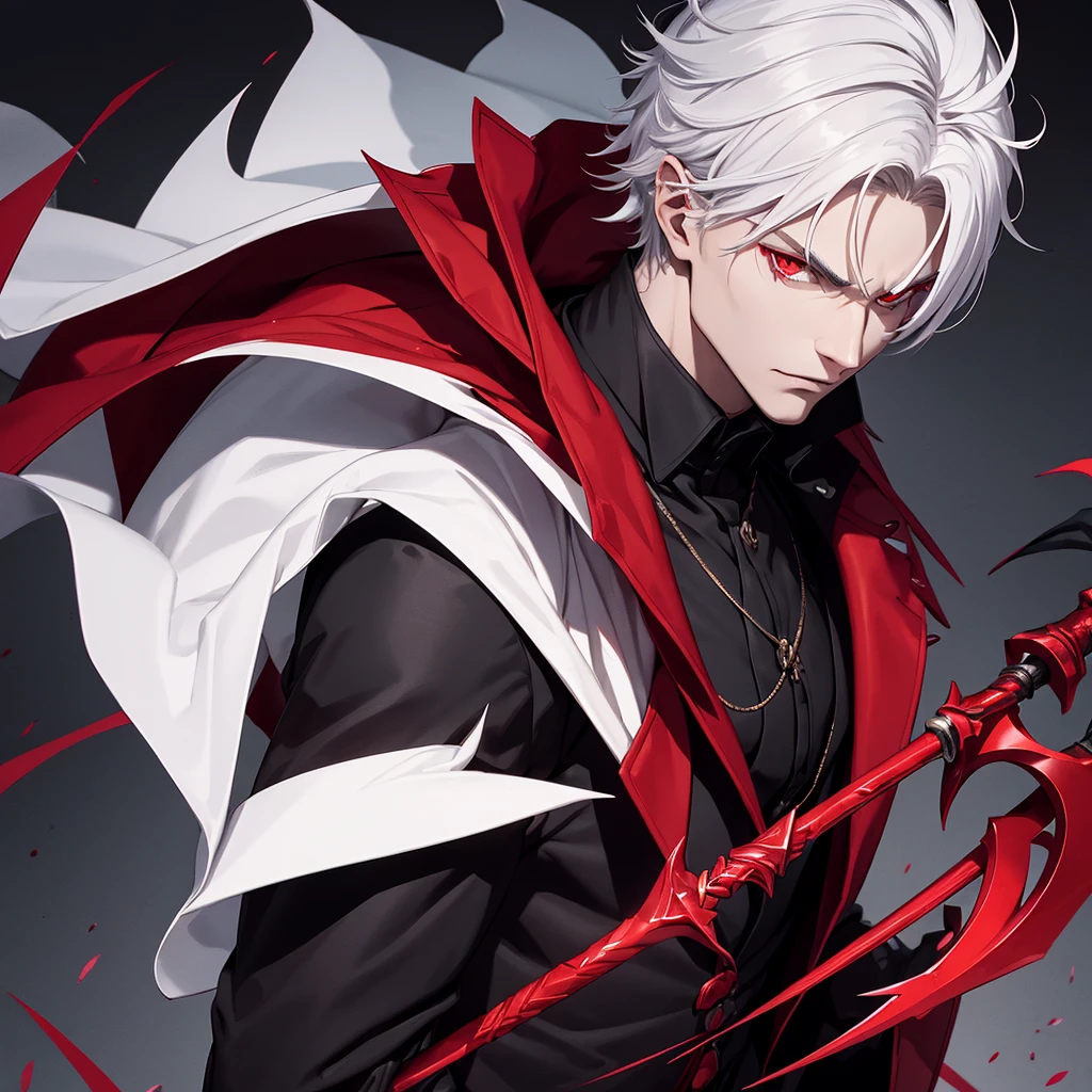 Male vampire with a short white hair, red eyes and a serious face wearing a dark royalty clothes and holding a shadow rapier