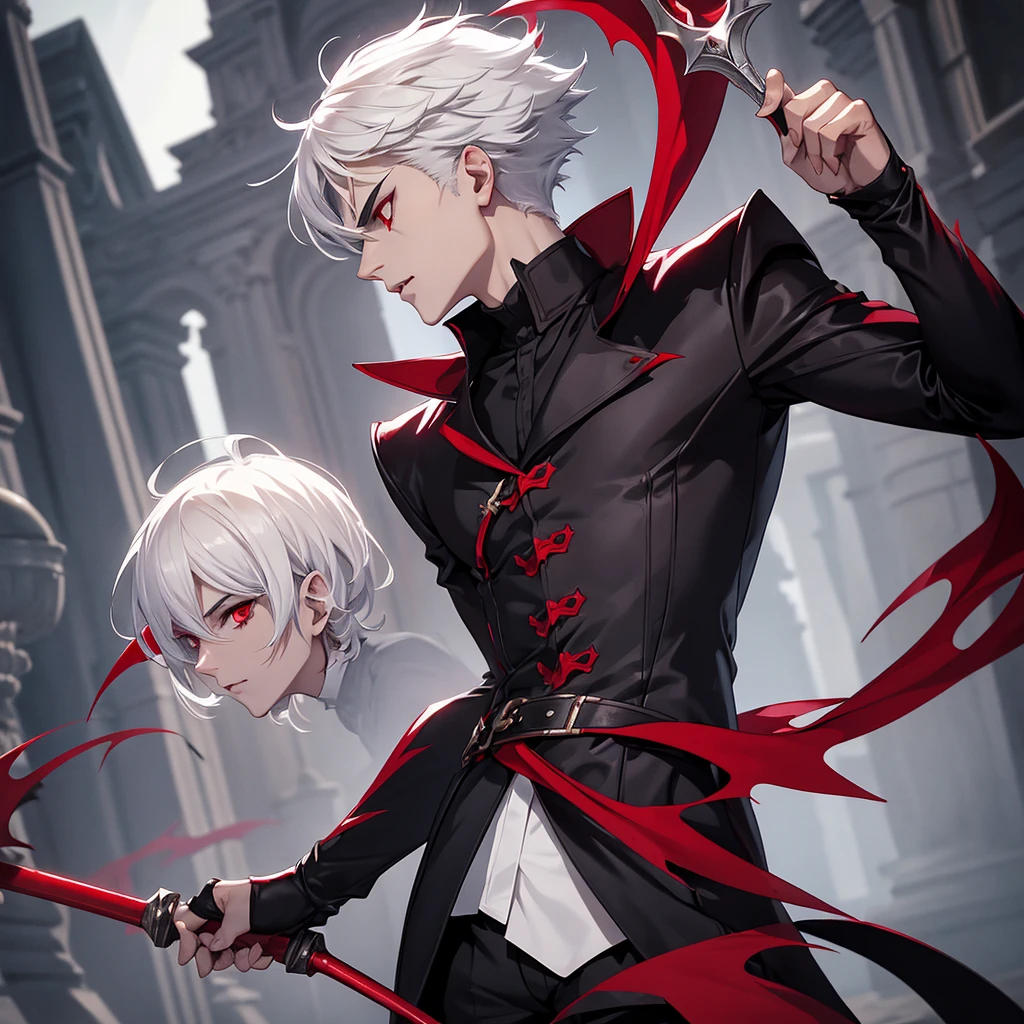 Male vampire with a short white hair, red eyes and a serious face wearing a dark royalty clothes and holding a shadow rapier