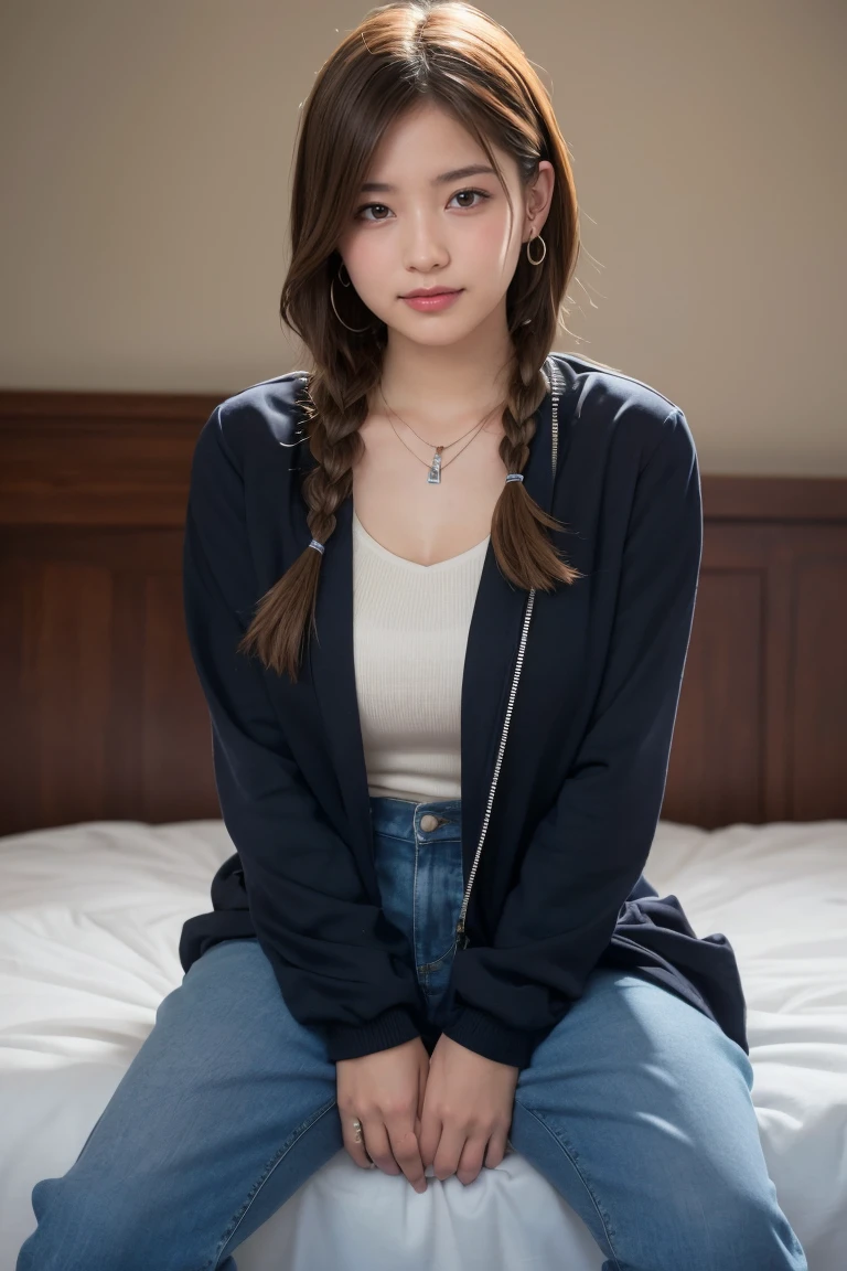 ((High-resolution images, masterpiece, Atmospheric perspective, 8K, Very detailed, Accurate, Highest quality, Single Shot)), (((Cute western woman masturbating))), (Casual Style), Jacket, Unbuttoned shirt, Swollen areola, (Round face, Realistic eye size, Droopy eyes, blush, smile), (((Stand and spread your legs, ))), (Bedroom,On the bed, At night), Blonde braids, Small earrings, Thin Necklace, (light makeup),