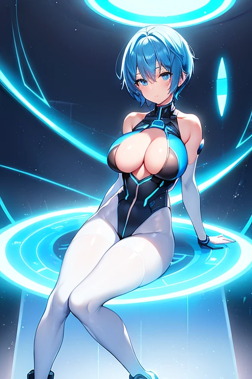 1girl, blue hair, pixie cut, very short hair, smile, breasts, leotard, white leotard, pantyhose, black pantyhose, neon, futuristic, science-fiction, full_body, ((full body)), mature female, hourglass figure, large breasts, machinery, tech, neon trim, sneakers, neon lights