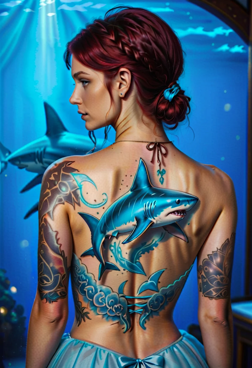 Arafed, a picture of a ((shark tattoo: 1.5)) on the back of a female elf, of  glowing tattoo of a ((blue shark: 1.3)) the shark tattoo is vivid, intricate detailed coming to life rising from the ink to real life, ,  AlchemyPunkAI, shoot taken from the back, ((the back is visible: 1.3), she wears a transparent dress that the tattoos glow,