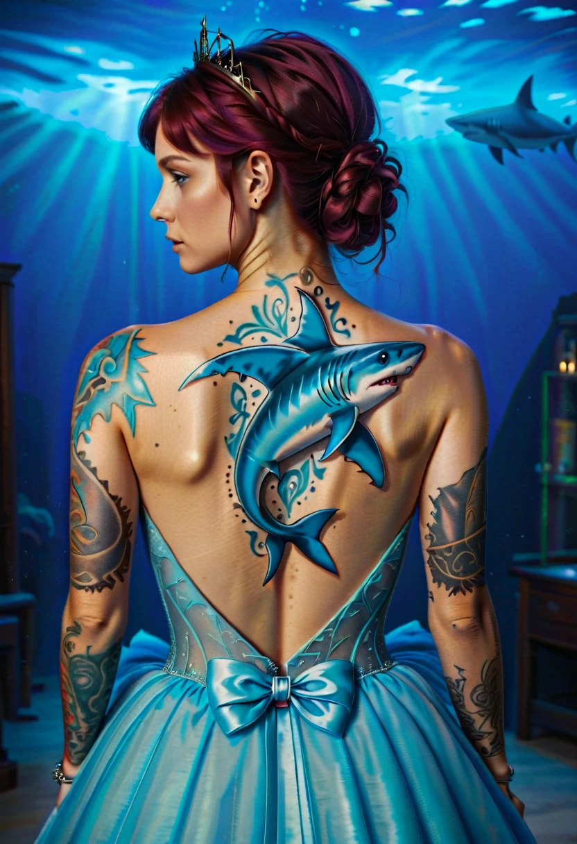 Arafed, a picture of a ((shark tattoo: 1.5)) on the back of a female elf, of  glowing tattoo of a ((blue shark: 1.3)) the shark tattoo is vivid, intricate detailed coming to life rising from the ink to real life, ,  AlchemyPunkAI, shoot taken from the back, ((the back is visible: 1.3), she wears a transparent dress that the tattoos glow, princess dress