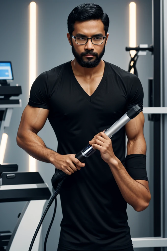 A doctor with short black hair combed back, athletic physique with black Filipino V-neck, with glasses and beard, holding a laser tipped probe