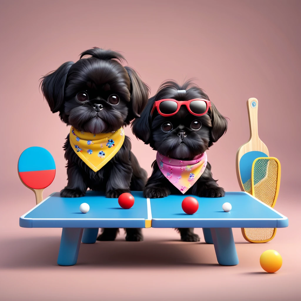 2 Adorable small black Shih Tzu puppies wearing bright bandannas and sunglasses swimming with dolphins Disney background 3d cartoon 3d render disney pixar style