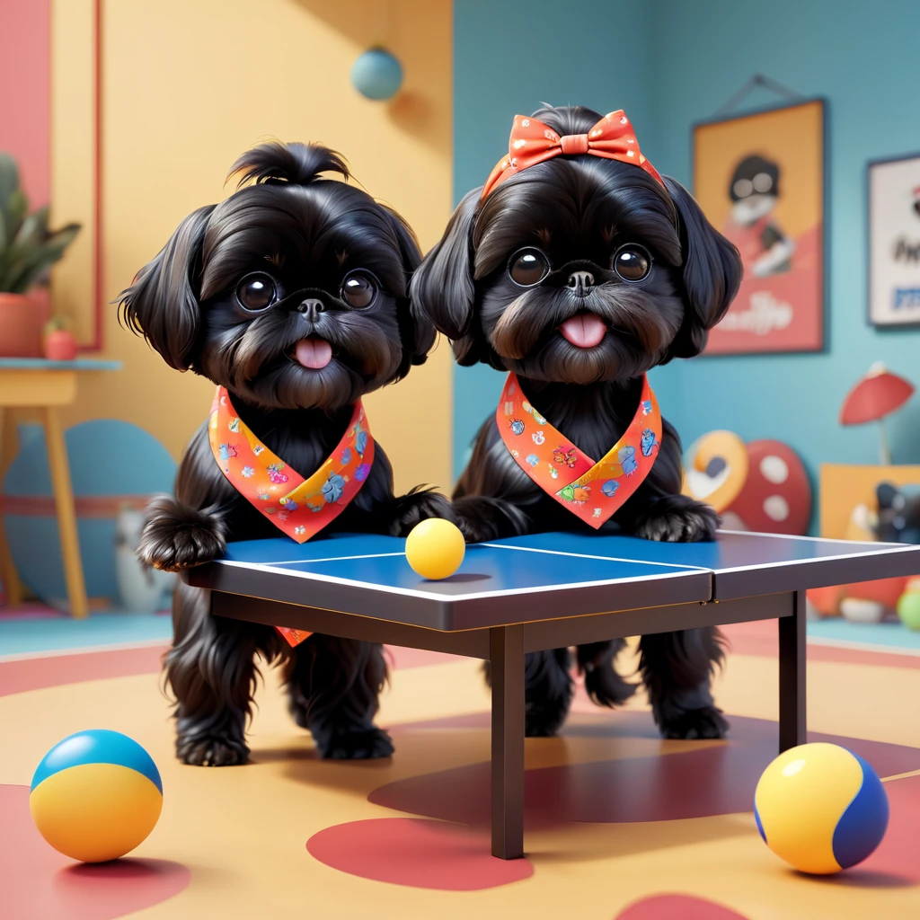 2 Adorable small black Shih Tzu puppies wearing bright bandannas and sunglasses swimming with dolphins Disney background 3d cartoon 3d render disney pixar style